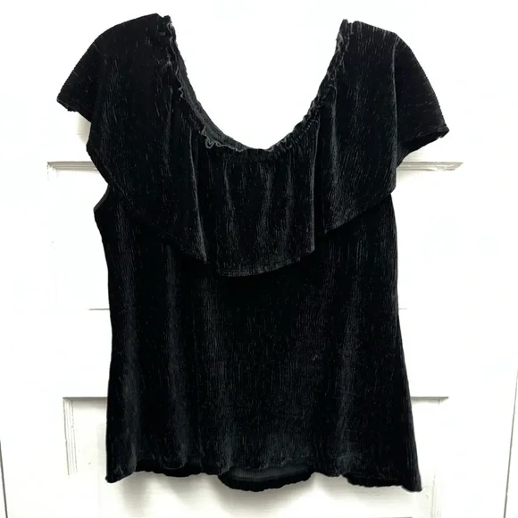 Anthropologie Black Velvet Ruffle Top Medium Off Shoulder Party Blouse - Picture 3 of 7